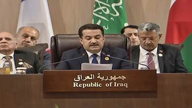 رئيس الوزراء العراقي محمد شياع السوداني يتحدث في الدورة الثانية لمؤتمر "بغداد للتعاون والشراكة" بالبحر الميت في الأردن